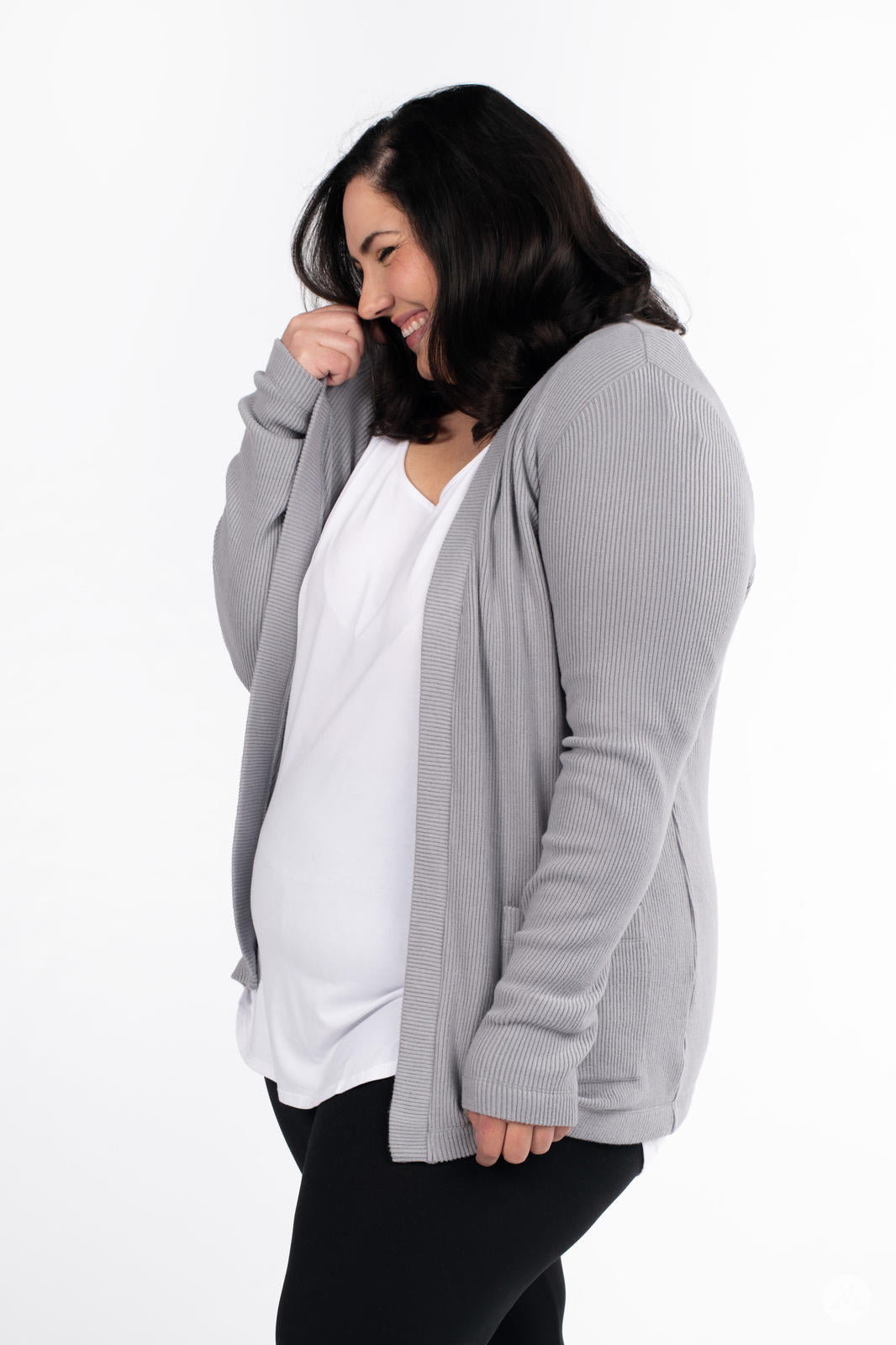 Plus-size model wearing SweetLegs Canada Ribbed Comfort Cardigan in soft grey with a relaxed and cozy fit