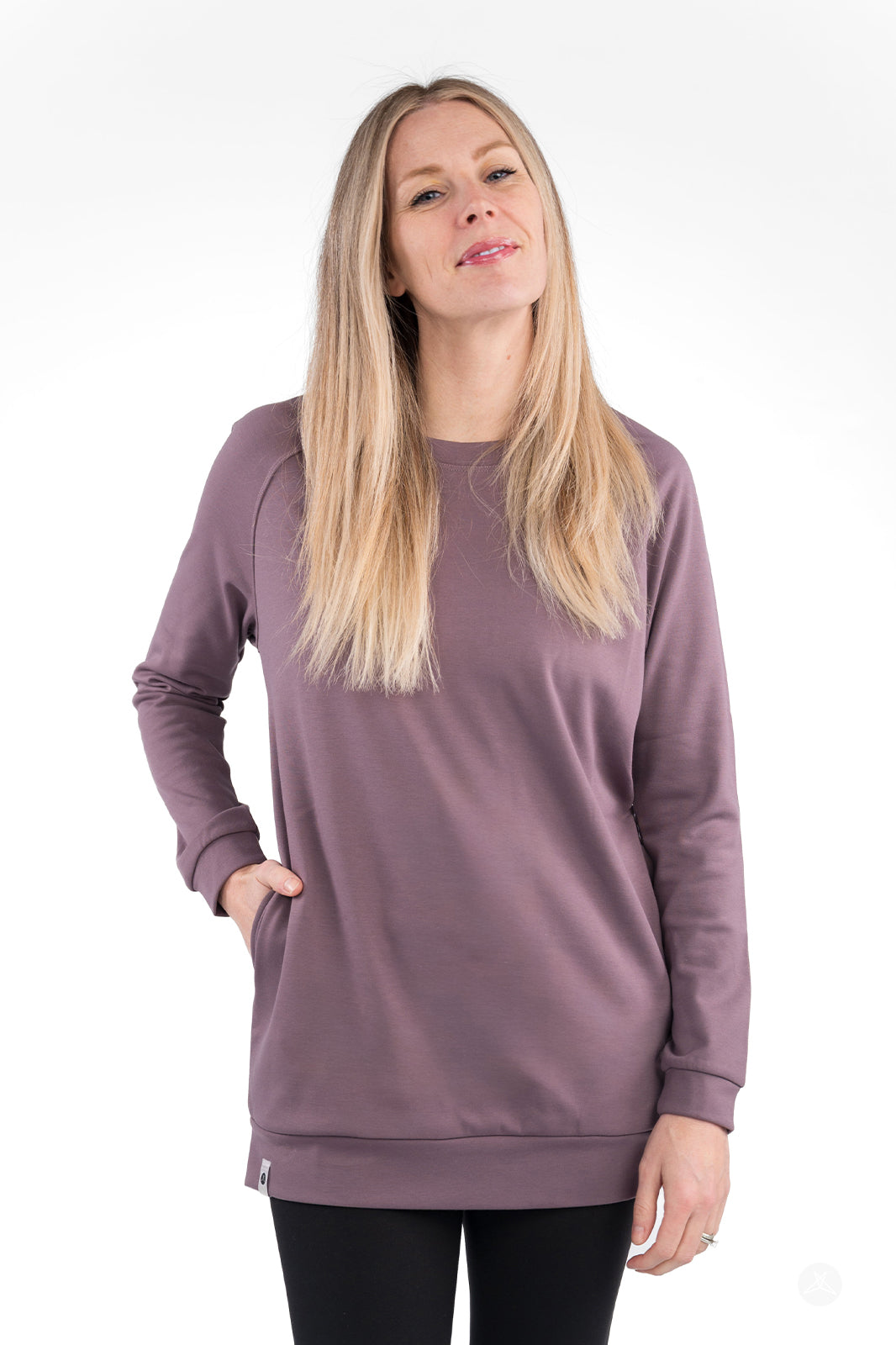 Woman in mauve Basic Raglan Pullover by SweetLegs Canada with relaxed fit and hand in pocket, front view