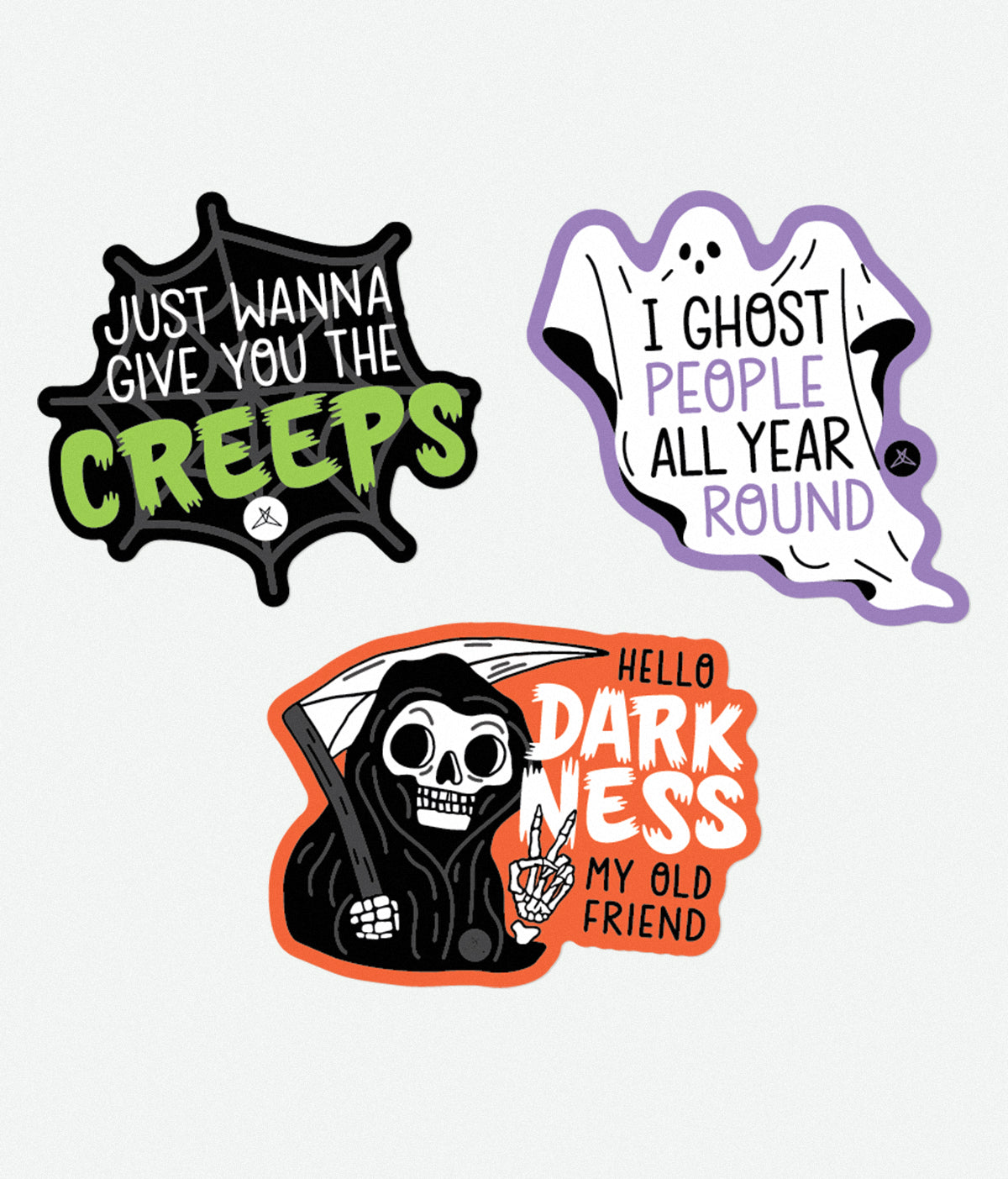 SweetLegs Hello Darkness Sticker Pack featuring spooky ghost reaper and creepy Halloween sticker designs