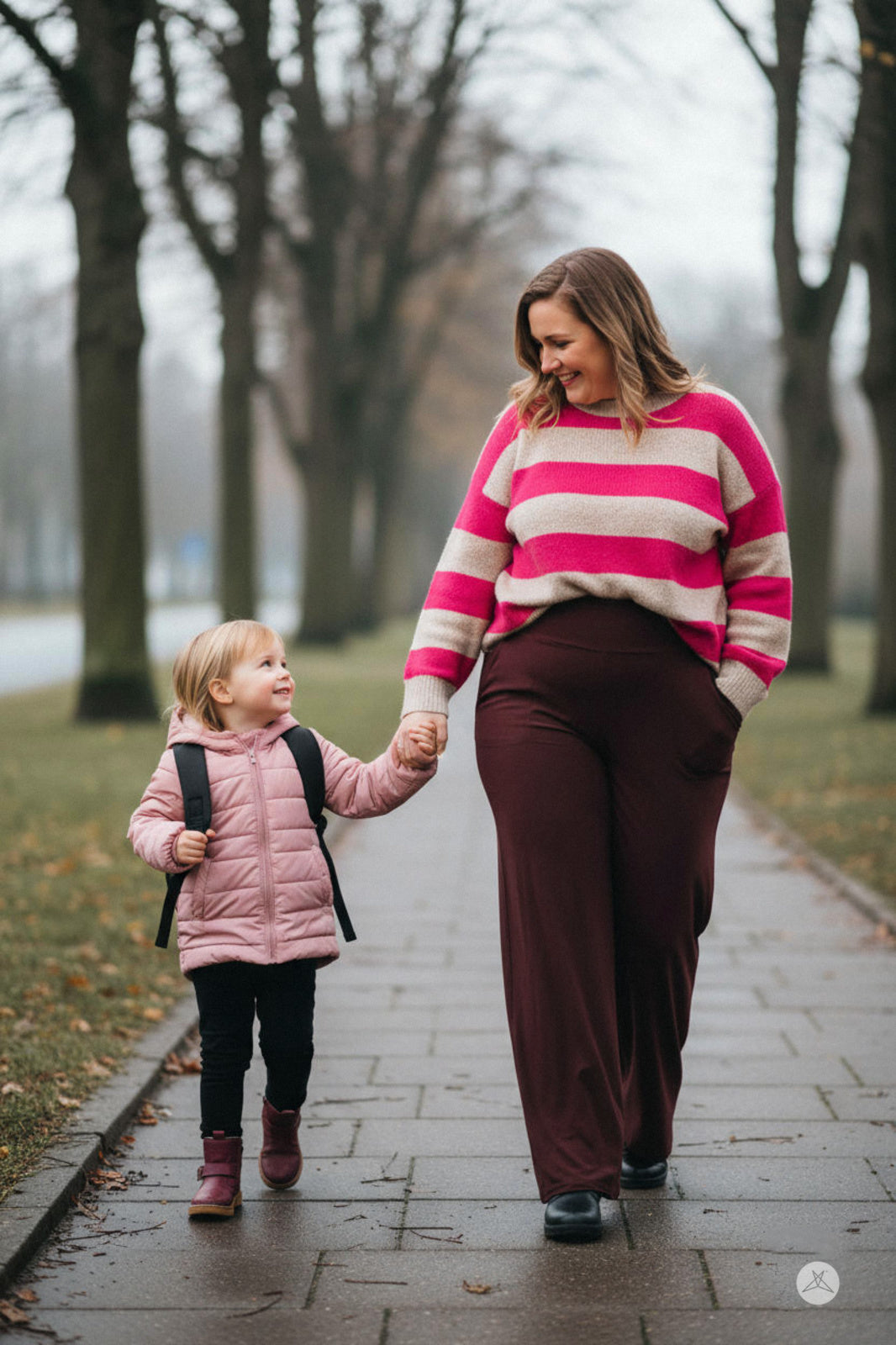Woman walking with child outdoors wearing SweetLegs High-Waist Wide Leg Pants in a relaxed fall setting
