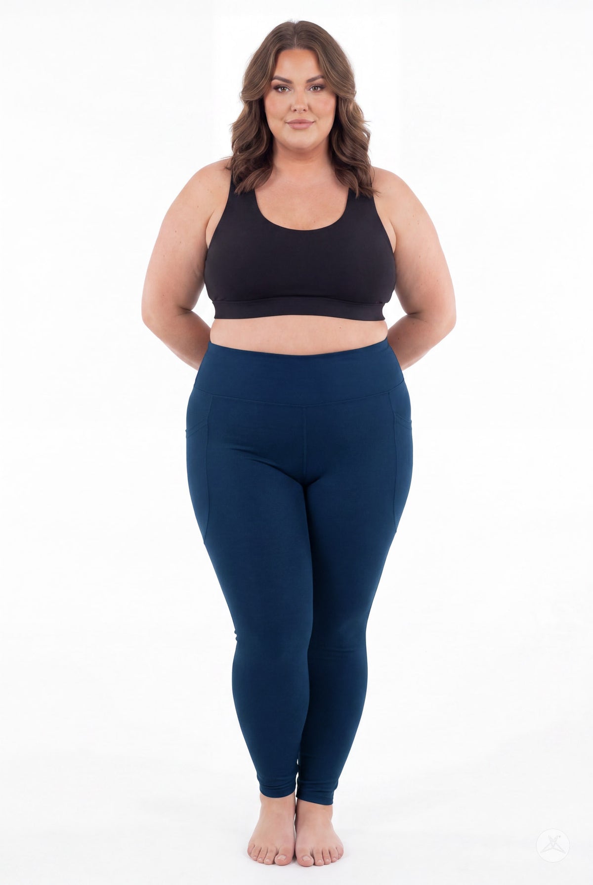 SweetLegs Still Water High-Waisted Pocket Leggings modeled barefoot with hands behind her back