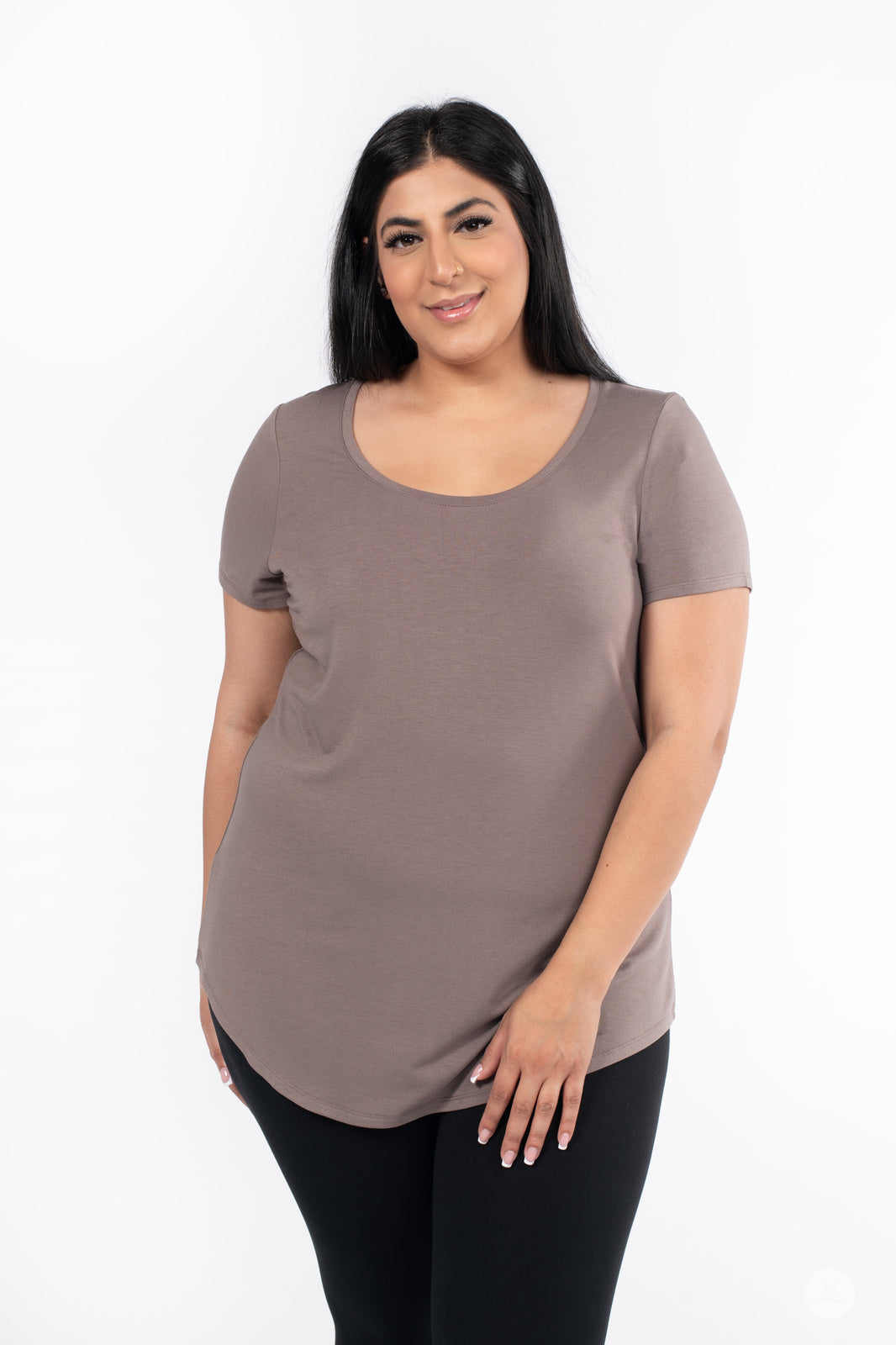 Plus-size model wearing SweetLegs Canada Scoop Neck Tee in muted taupe with curved hem and short sleeves front view