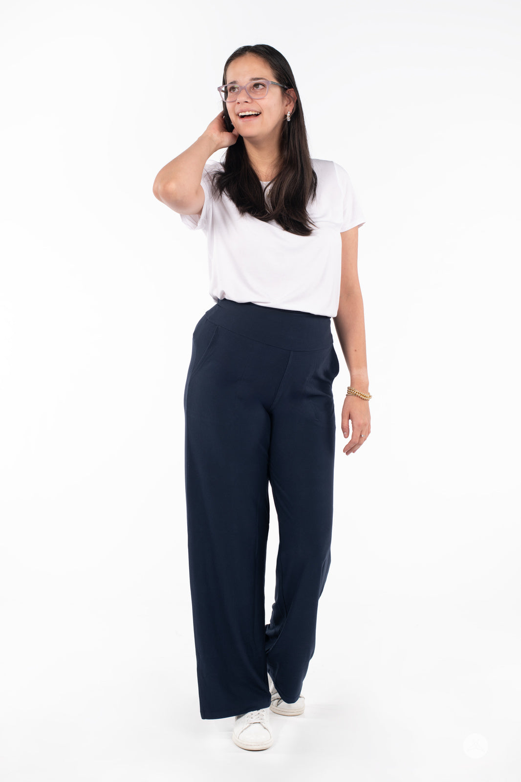 Woman wearing SweetLegs High-Waist Wide Leg Pants in navy styled with a relaxed white tee and sneakers