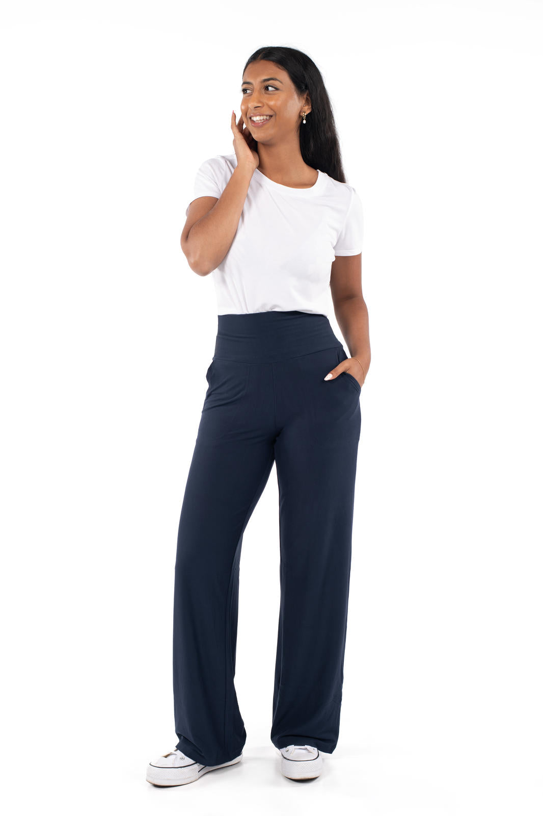 Woman wearing SweetLegs High-Waist Wide Leg Pants in navy styled with casual white tee and sneakers for relaxed comfort