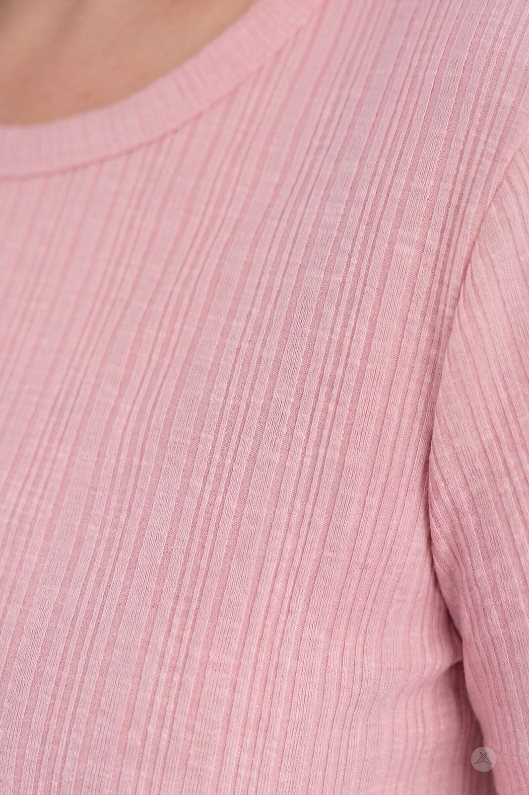 Close-up of pink rib-knit fabric and crew neckline on The Soft Ribbed Tee by SweetLegs Canada
