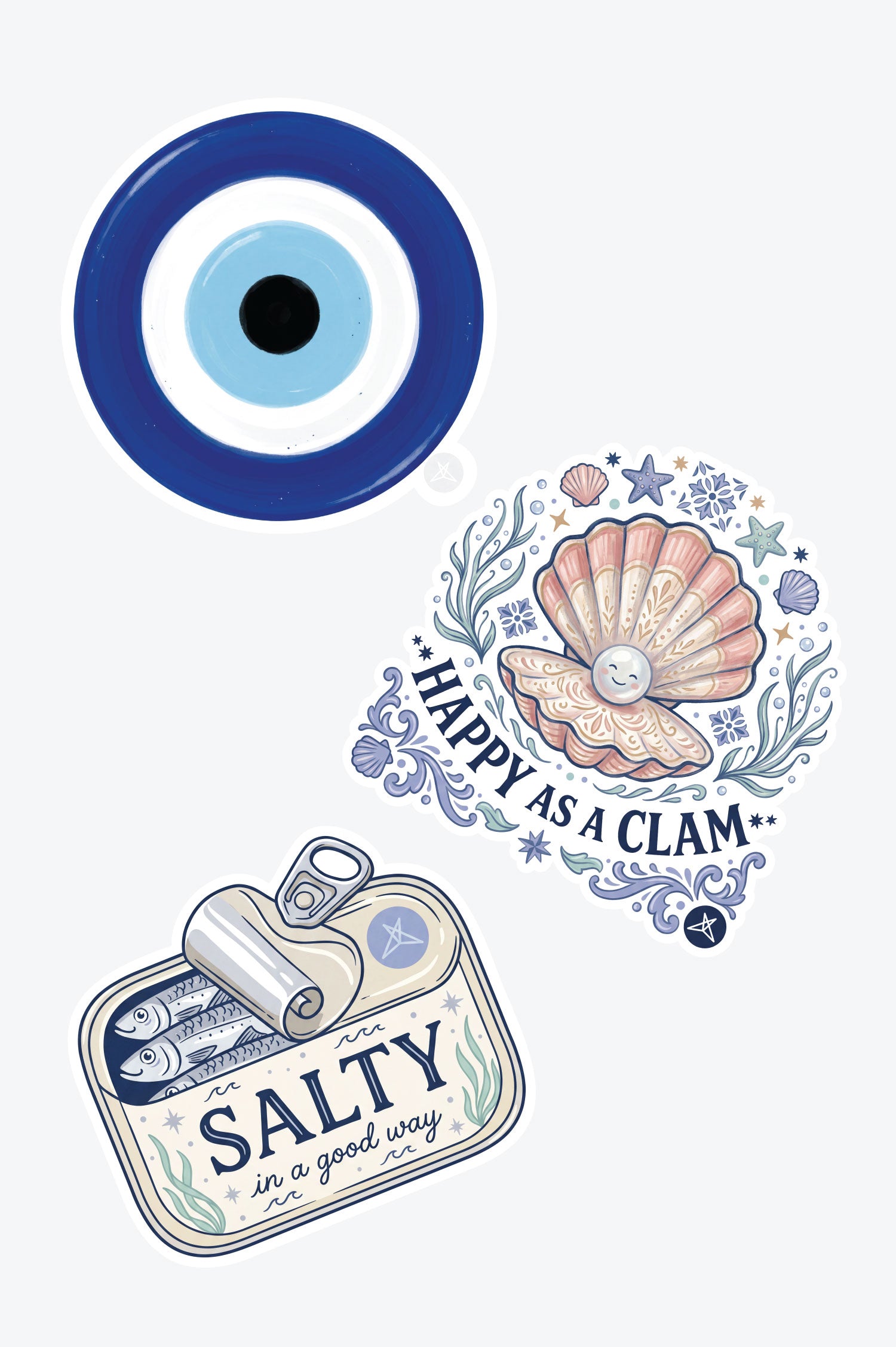 Three illustrated stickers from SweetLegs Salty Girl Sticker Pack featuring sea motifs and positive phrases