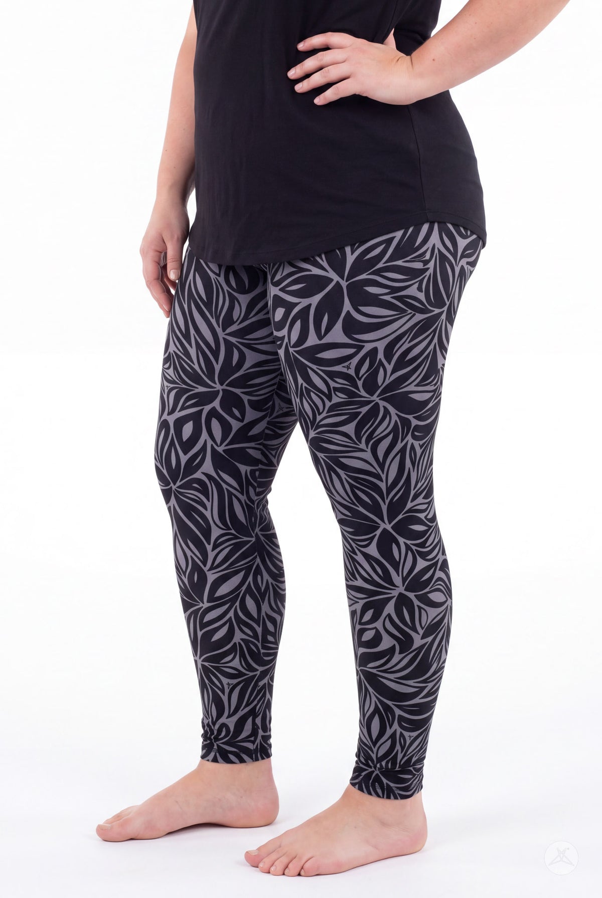 SweetLegs Shadow Petal Leggings featuring a dark gray leafy pattern on a model