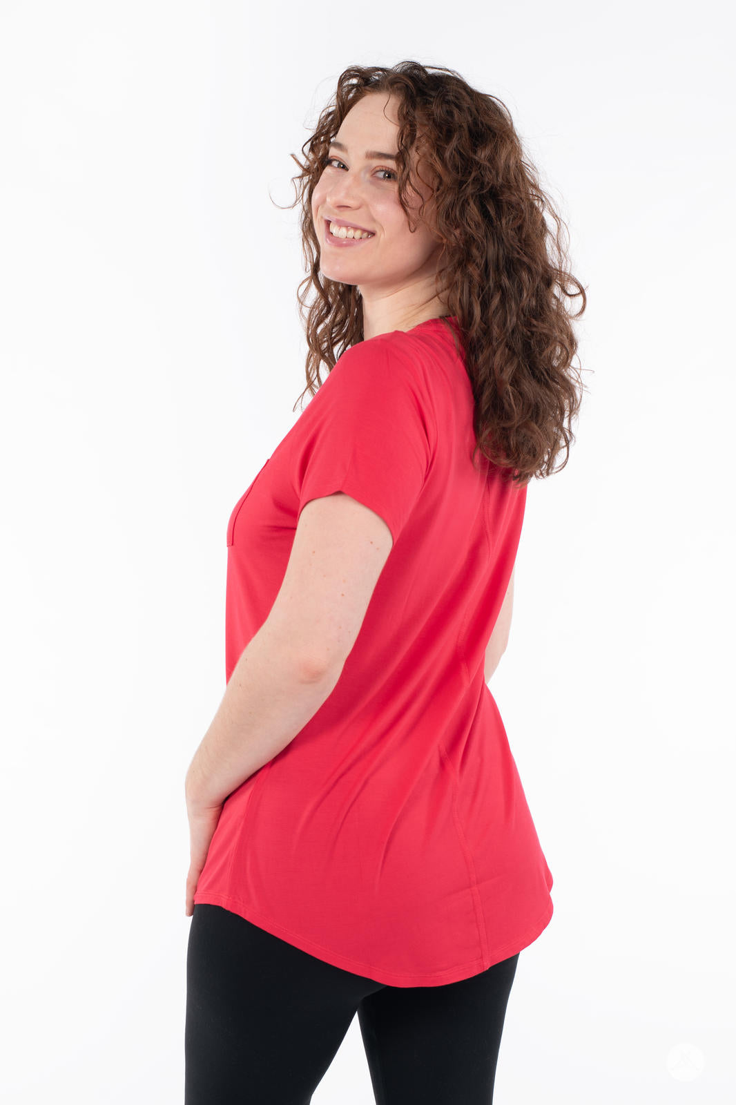 Model wearing SweetTops Crew Neck Pocket Tee in red showing side and back with a relaxed and comfortable fit