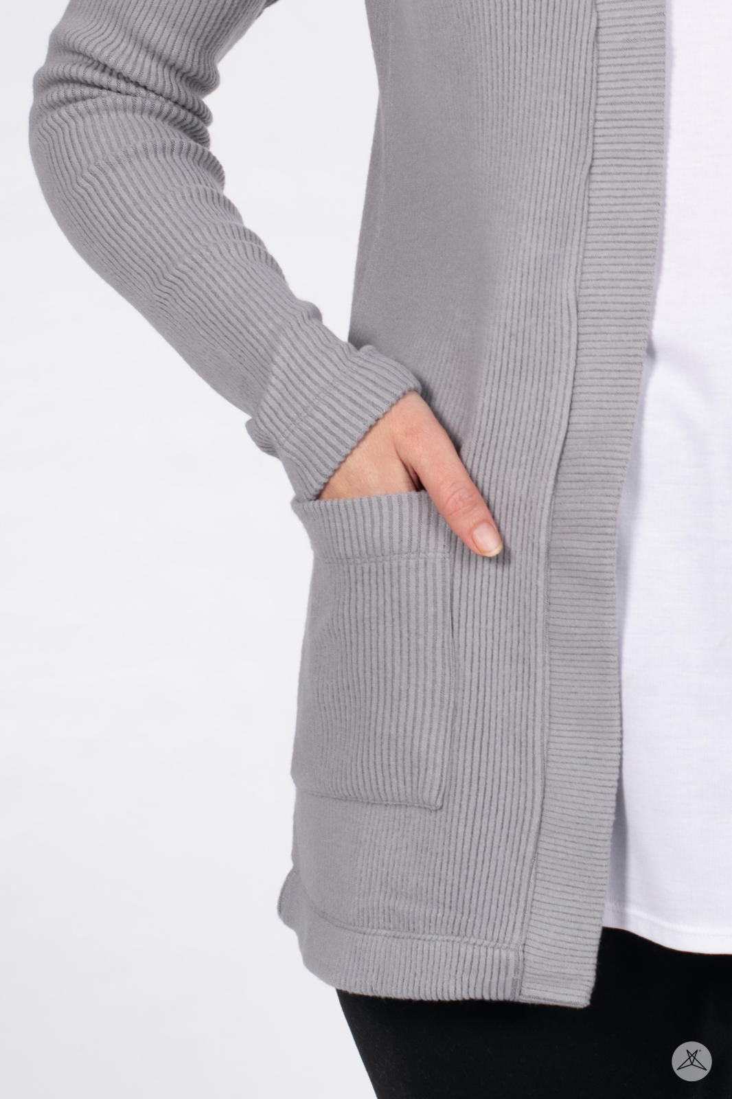 Close-up of hand in pocket of SweetLegs Canada Ribbed Comfort Cardigan in dusty grey with ribbed texture