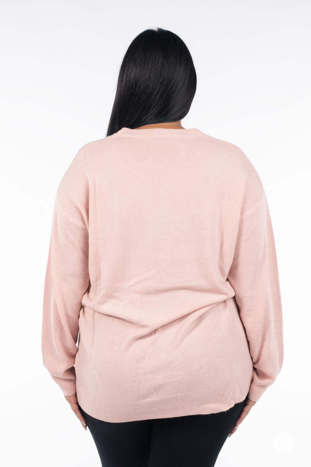 Back view of woman wearing SweetTops Soft Knit Crew Neck Sweater in soft pink with relaxed fit and long sleeves