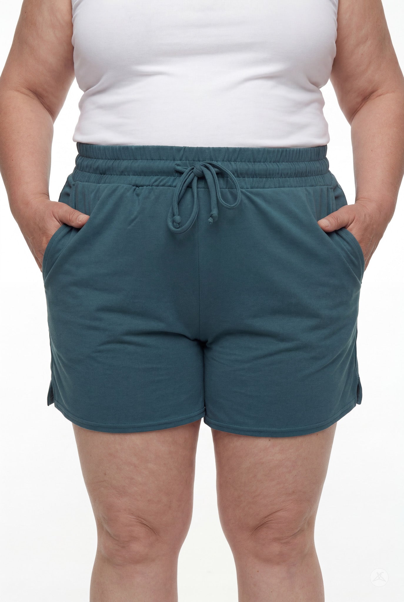 Front view of person wearing teal Lounge Shorts by SweetLegs with elastic waistband, drawstring, and hands in pockets