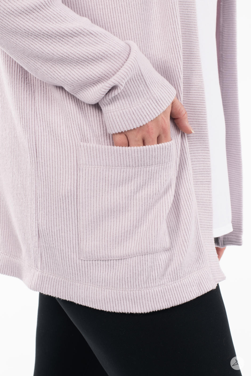 Close-up of hand in dusty pink SweetLegs Canada Ribbed Comfort Cardigan pocket showing ribbed texture and cuff detail