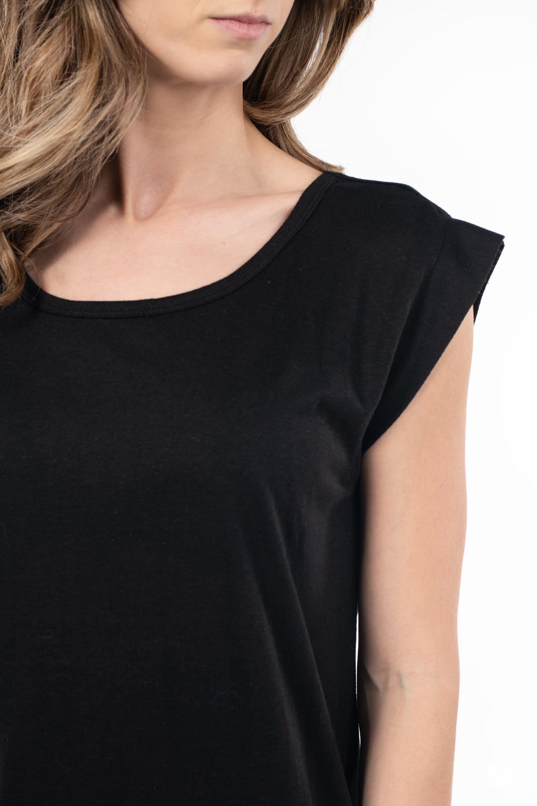 Close-up of woman wearing black Cap Sleeve Scoop Neck Tee by SweetTops showing neckline and sleeve details
