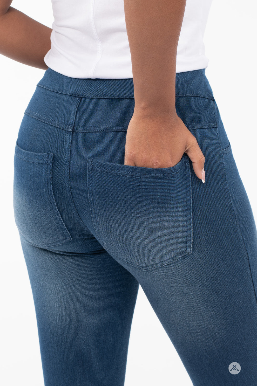 Rear view of SweetLegs Denim High-Waisted Pocket Leggings in blue showing real pockets and smooth cotton-blend fabric
