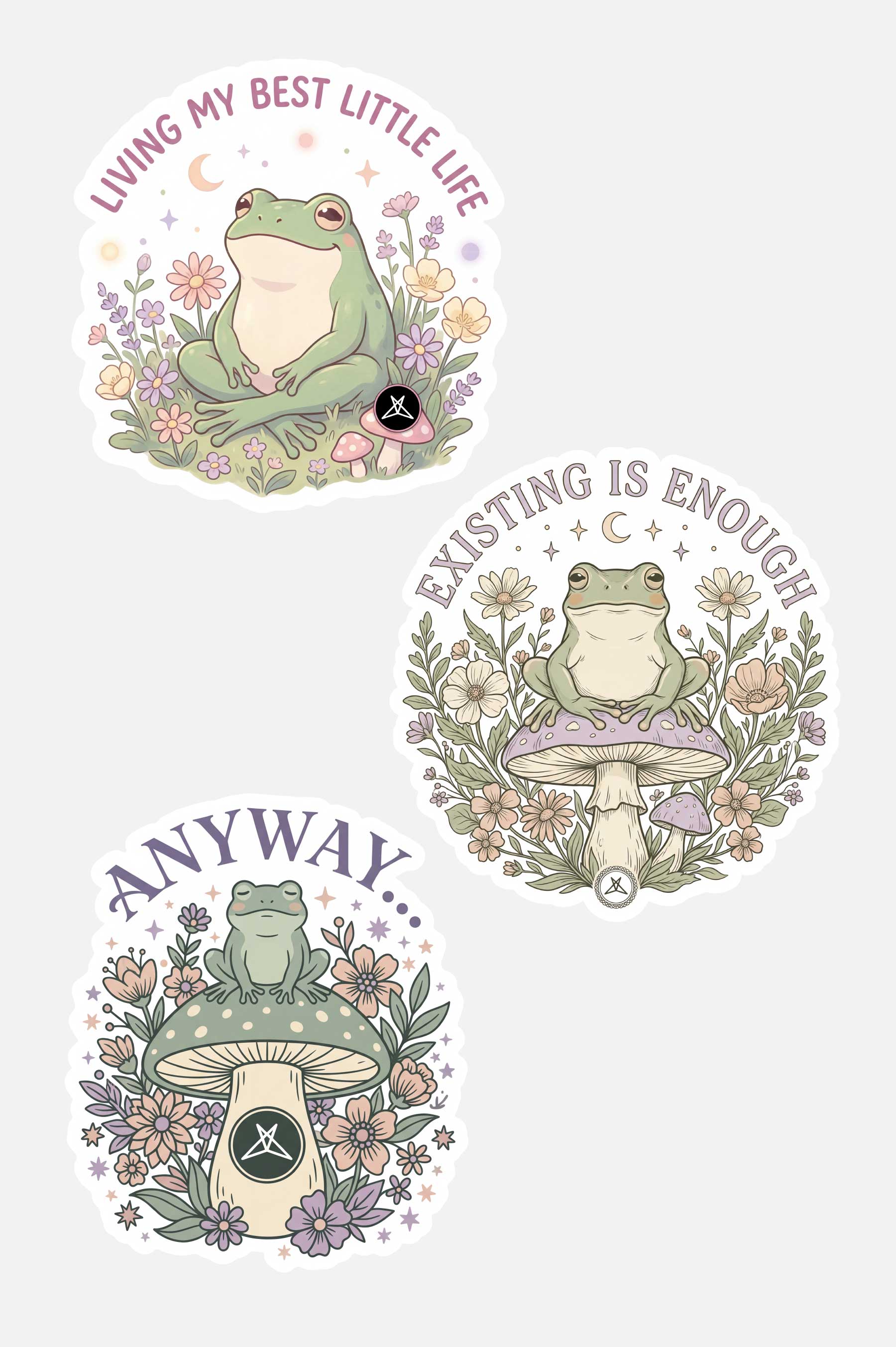 SweetLegs Living My Best Little Life Sticker Pack featuring frogs on mushrooms with floral accents and positive phrases