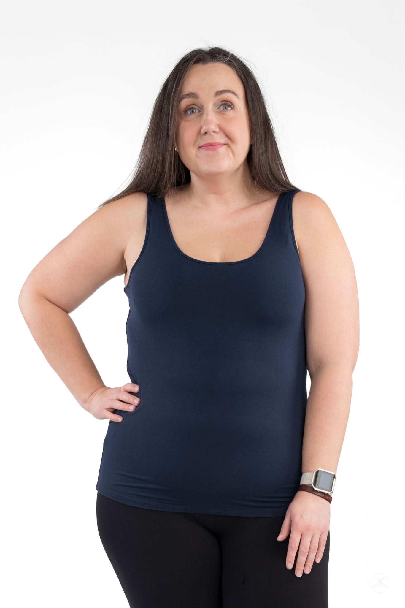 Woman wearing navy blue Classic Tank (Copy) from SweetLegs Canada with a soft, flattering fit standing against white background