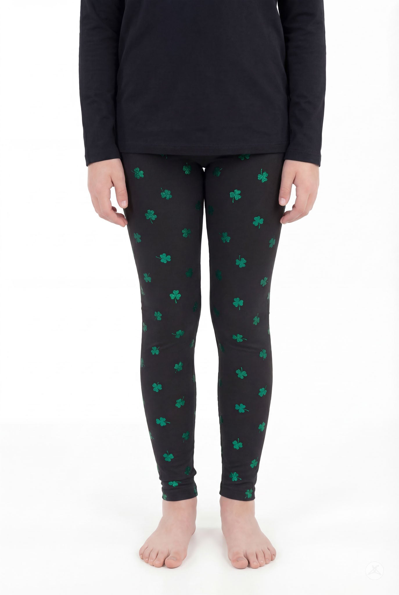 Lucky Glow Kids leggings by SweetLegs with green shamrock foil print on black soft stretchy fabric for kids.