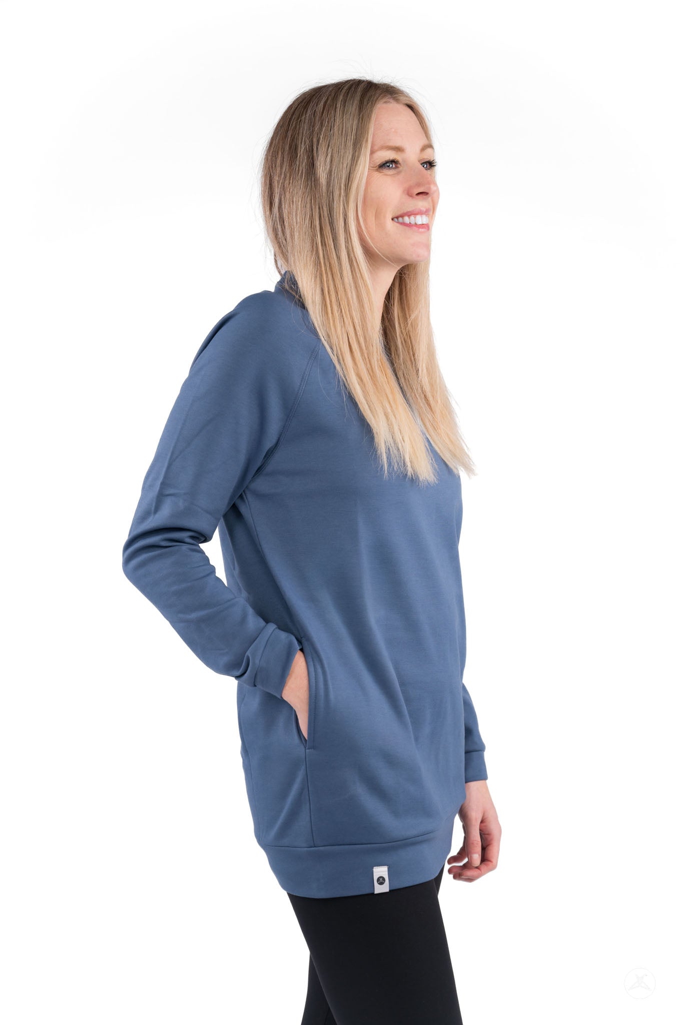 Woman wearing a blue Basic Raglan Pullover (Copy) by SweetLegs Canada with raglan sleeves and relaxed fit