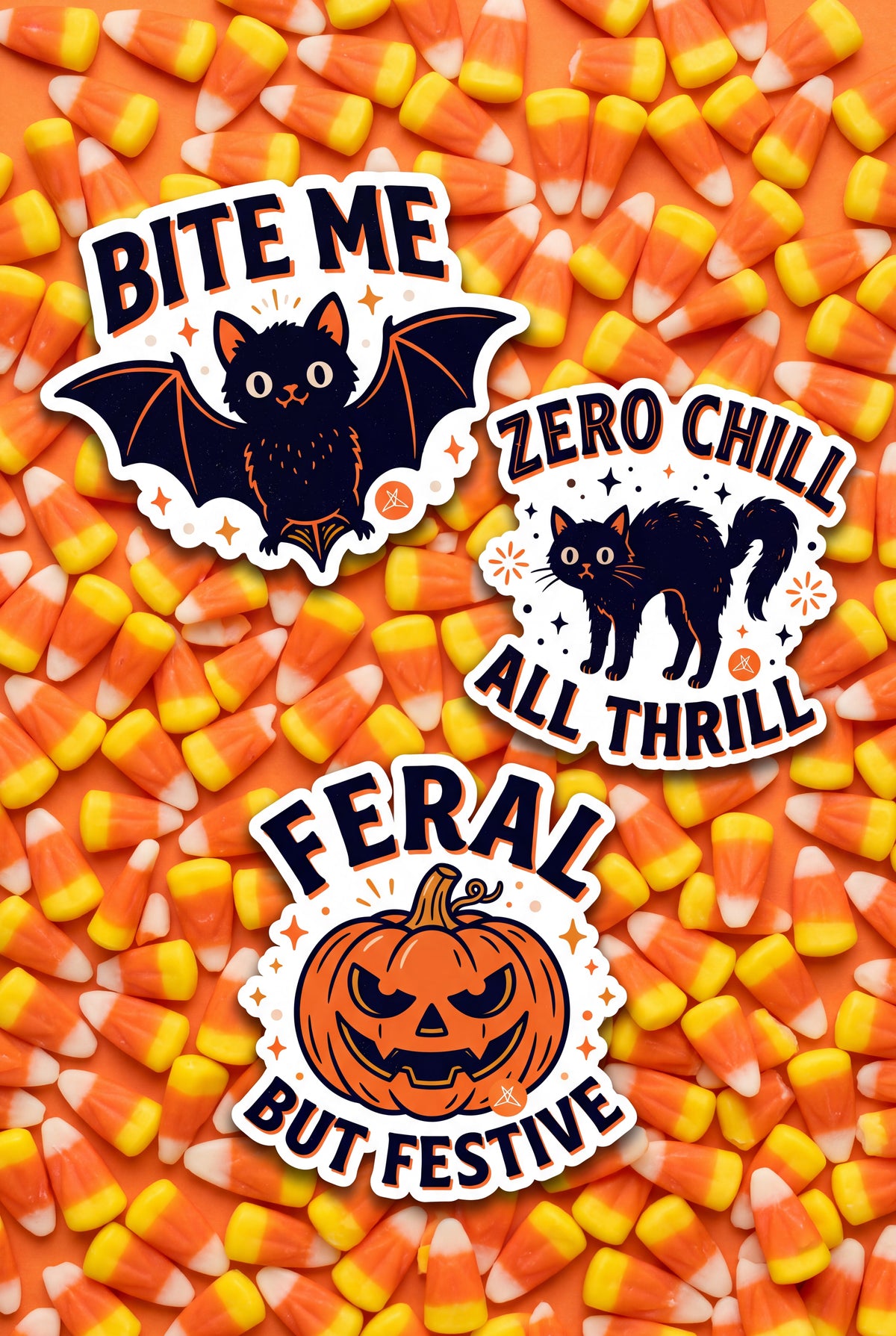 SweetLegs Zero Chill Sticker Pack featuring bat cat and pumpkin stickers with spooky Halloween designs
