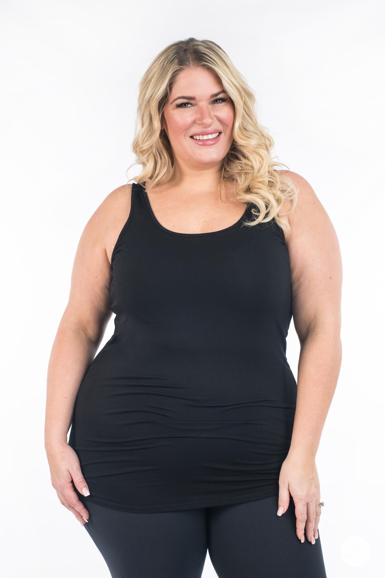 Plus-size woman smiling in SweetLegs Canada Classic Layering Tank black with a smooth, flattering fit on white background