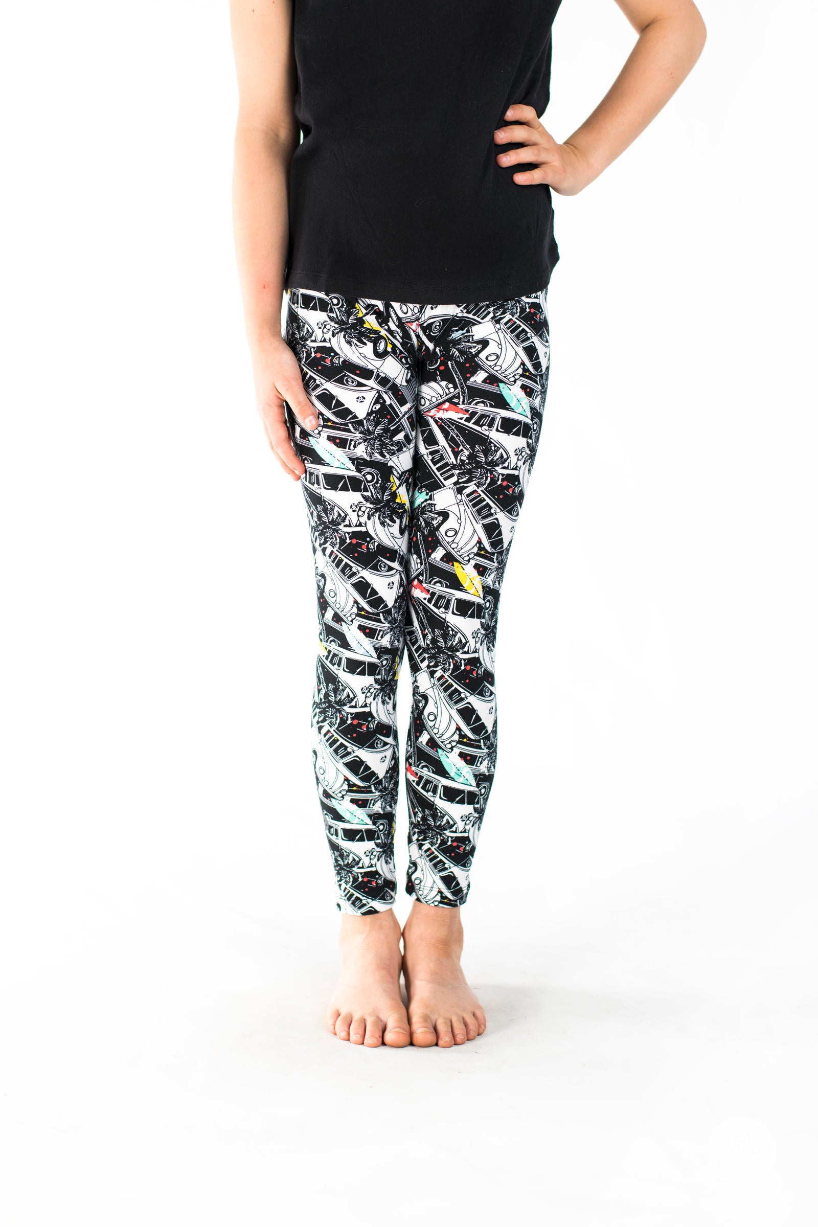 California Dreamin' Kids leggings by SweetLegs with retro vans, surfboards, and palm tree motifs on white background