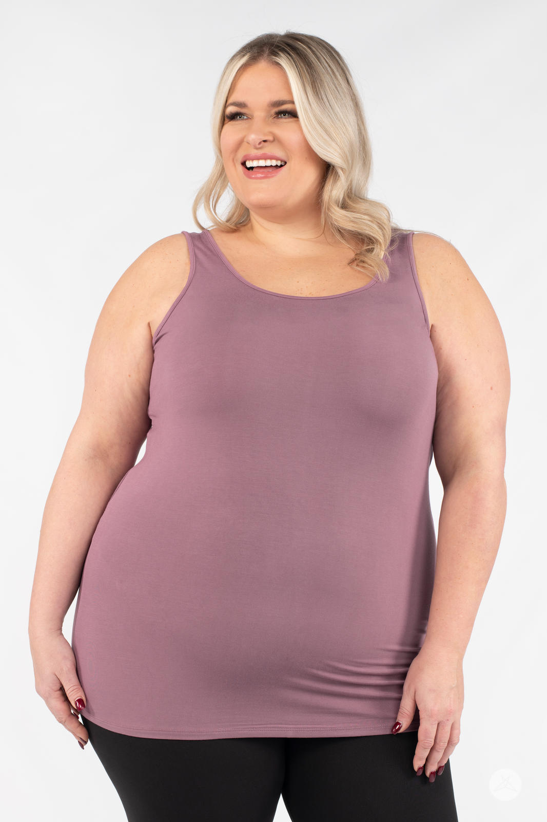 Plus-size woman smiling wearing SweetLegs Canada Classic Layering Tank in mauve with a smooth, comfortable fit on white background