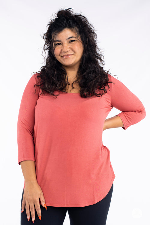 Classic 3/4 Tee by SweetLegs Canada in soft rose with scoop neckline and 3/4 sleeves on smiling plus-size model front view
