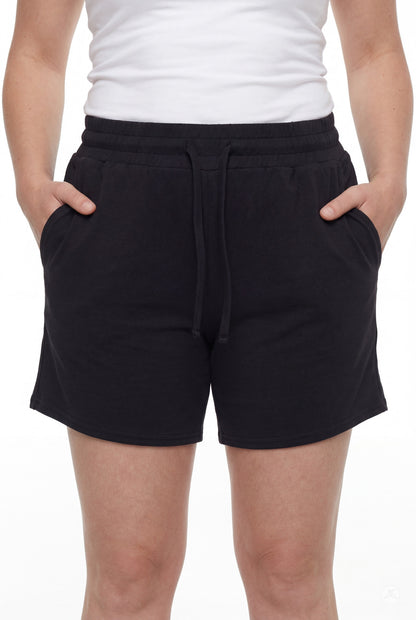 Front view of person wearing black Lounge Shorts by SweetLegs with elastic waistband and drawstring pockets