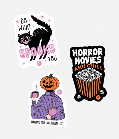 SweetLegs Horror Movies And Chill Sticker Pack featuring spooky cat popcorn and Halloween character stickers