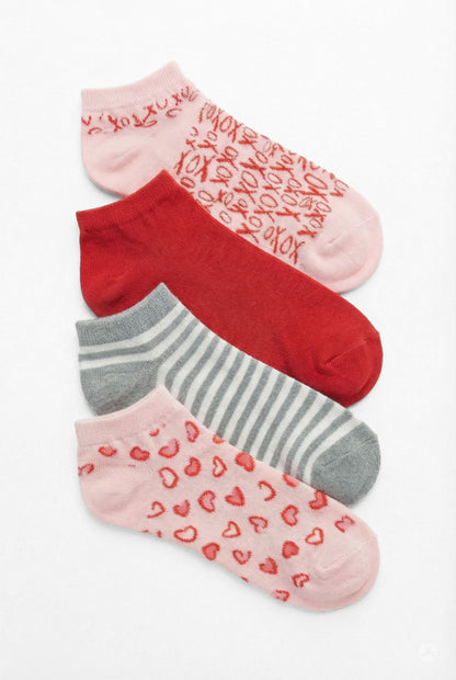 Four pairs of SweetLegs Heart Pop 4-Pack Ankle Socks featuring hearts, stripes, solid red, and XO patterns laid flat.