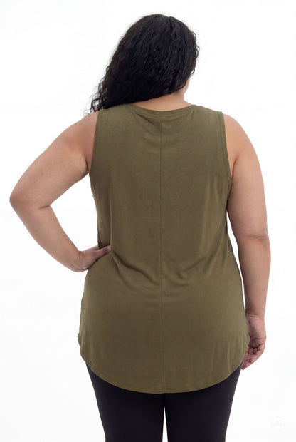 Plus size model seen from behind wearing olive High Neck Swing Tank by SweetTops paired with black leggings on white background