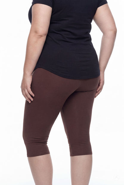 Person shown from back wearing SweetLegs Knee-Length Capri in warm walnut brown with black top on white background