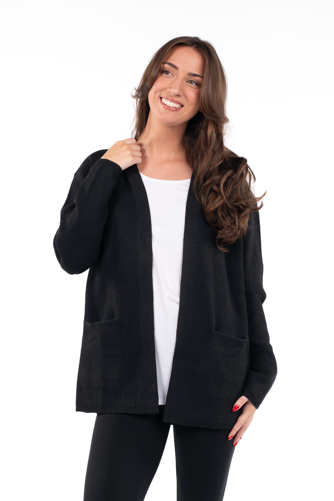 Smiling woman wearing SweetLegs Canada Dream Cardigan in black with front pockets and cozy ribbed cuffs