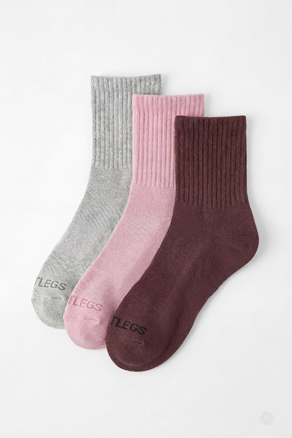 SweetLegs Classic 3-Pack Crew Socks in gray, pink, and brown with ribbed cuffs and soft texture displayed flat