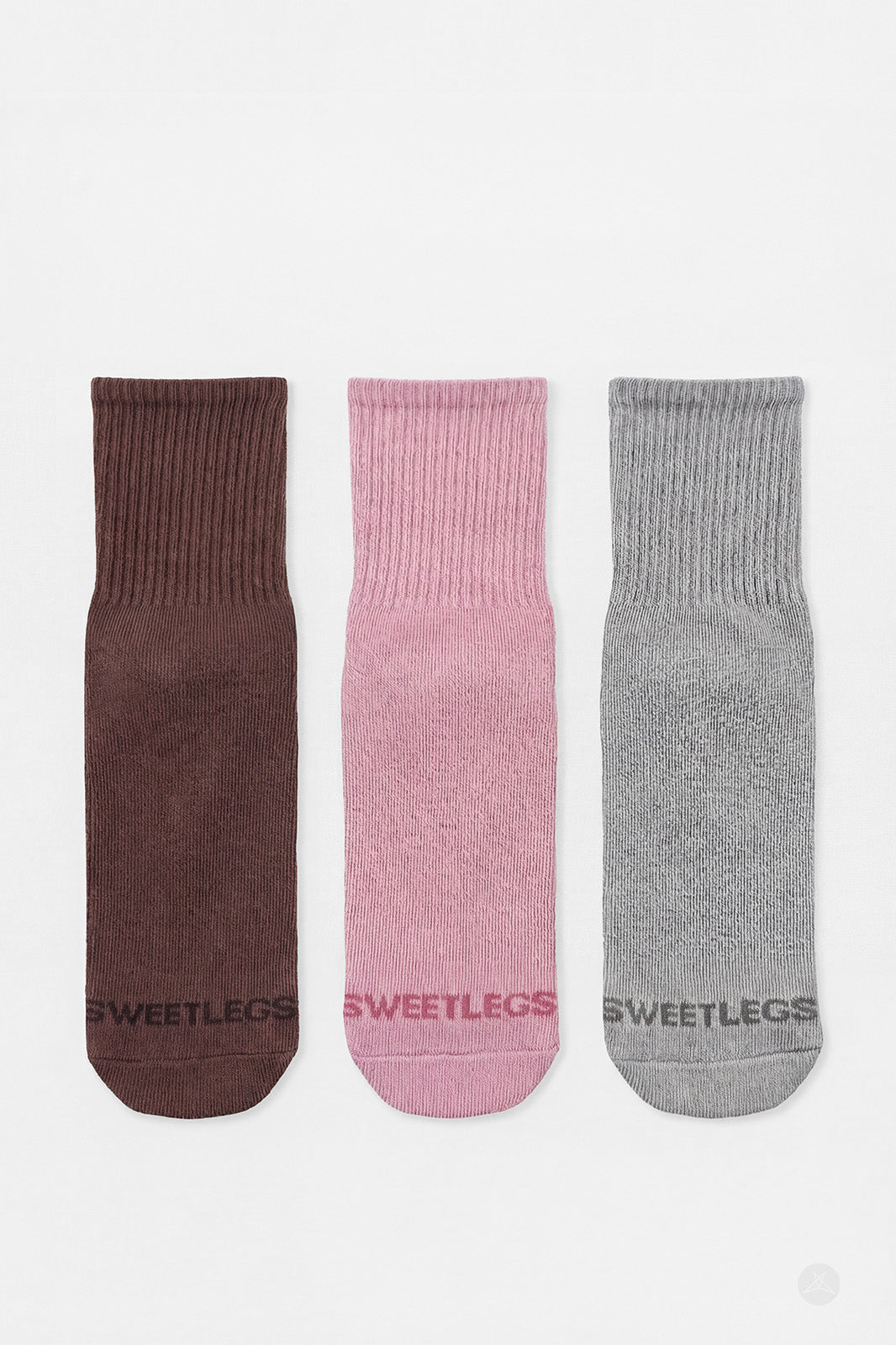 SweetLegs Classic 3-Pack Crew Socks in brown, pink, and gray with ribbed cuffs laid flat on white background