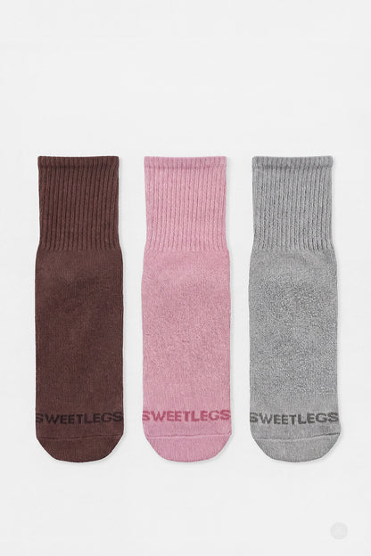 SweetLegs Classic 3-Pack Crew Socks in brown, pink, and gray with ribbed cuffs laid flat on white background