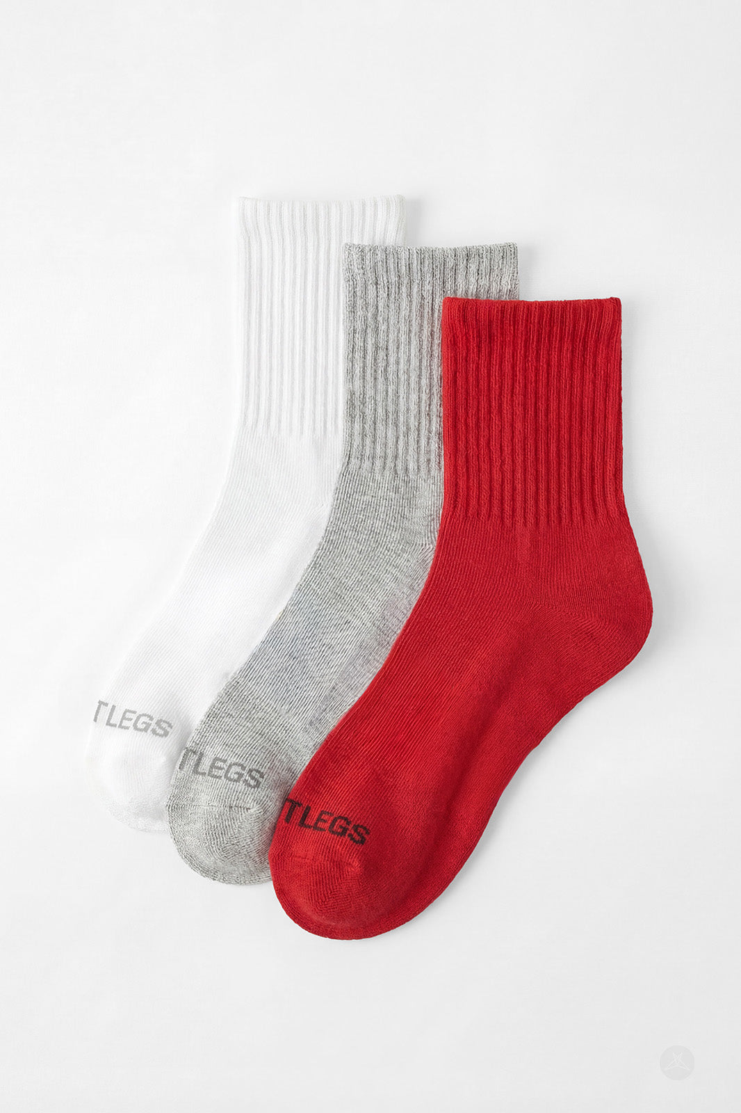 SweetLegs Classic 3-Pack Crew Socks in white, gray, and red with ribbed cuffs laid flat on white background