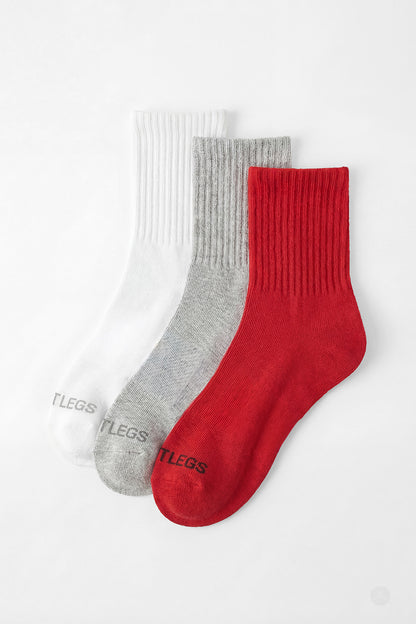 SweetLegs Classic 3-Pack Crew Socks in white, gray, and red with ribbed cuffs laid flat on white background