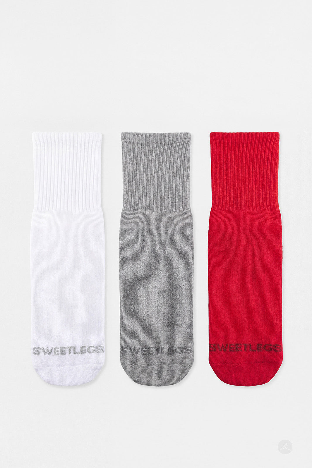 SweetLegs Classic 3-Pack Crew Socks in white, gray, and red with ribbed cuffs laid flat on white background