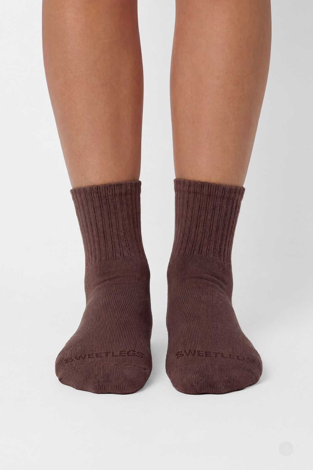 Close-up front view of feet wearing SweetLegs Classic 3-Pack Crew Socks in brown with ribbed cuffs