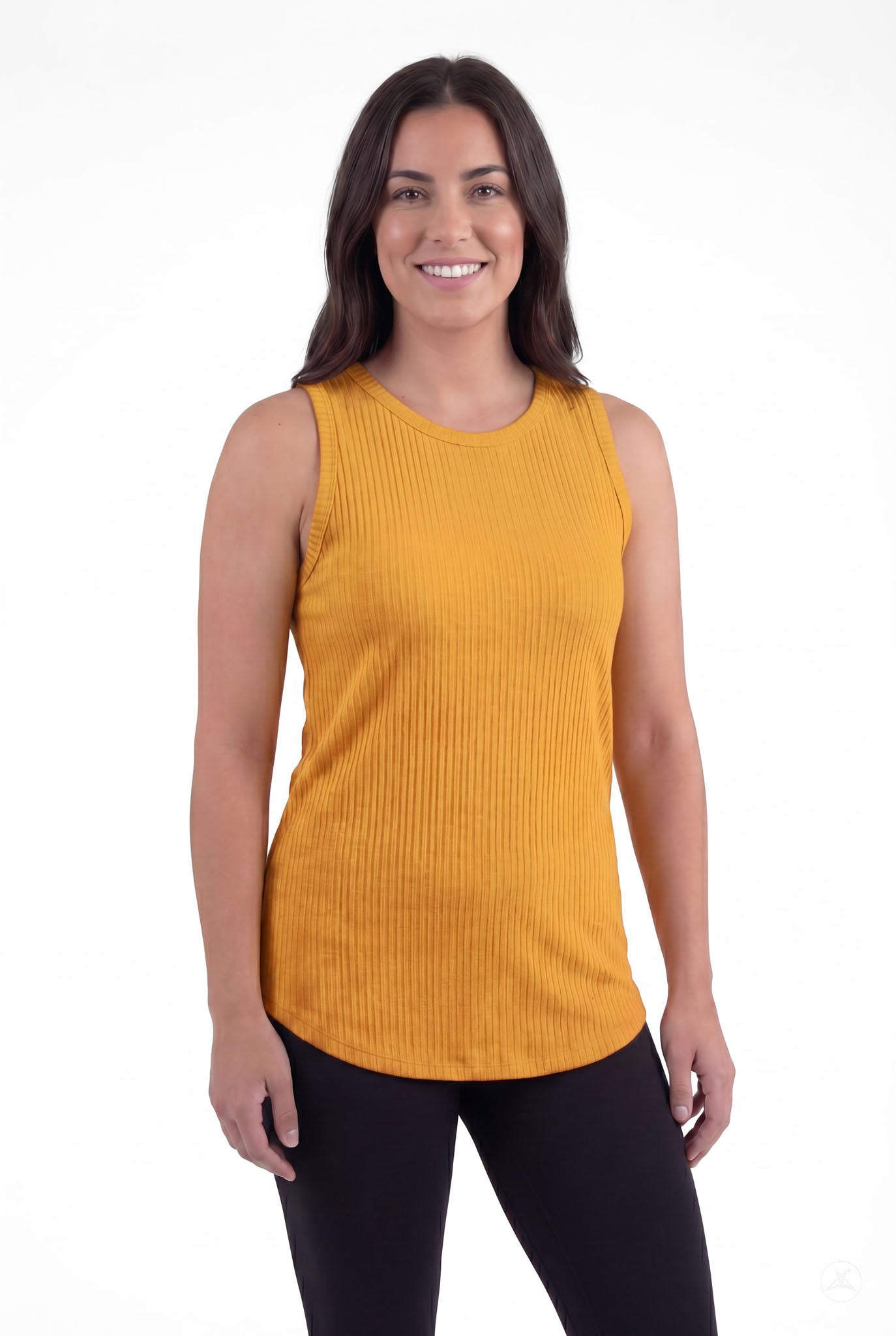 Woman wearing The Soft Ribbed Tank in marigold by SweetTops with ribbed texture and round neckline smiling