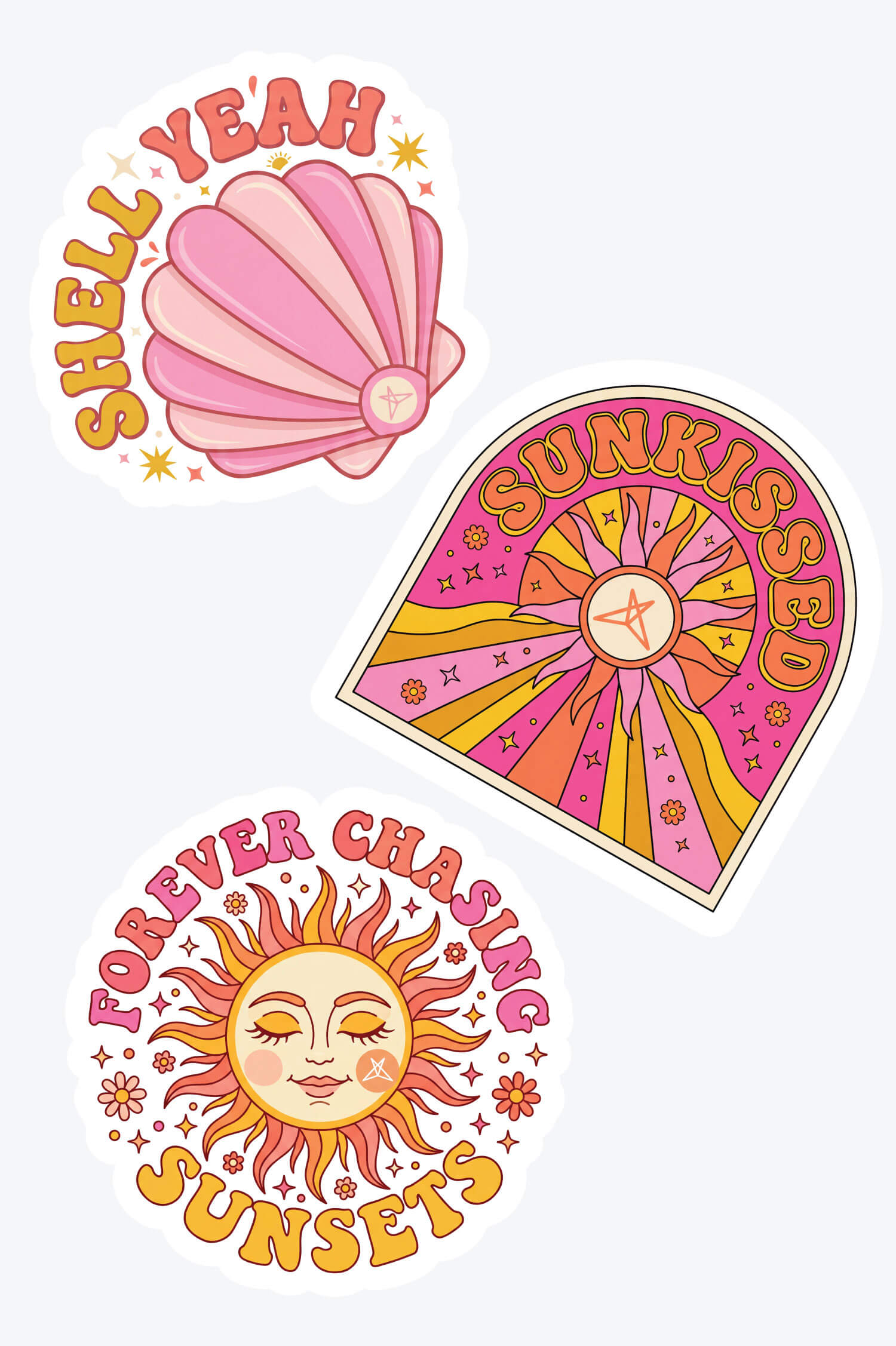 Three colorful retro-inspired sun and shell stickers with cheerful phrases from Sun Chaser Sticker Pack by SweetLegs