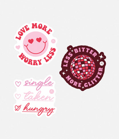 Three vibrant Valentine-themed stickers from the SweetLegs More Glitter Sticker Pack on plain background