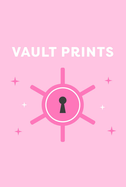 SweetLegs Vault - Biker Shorts logo with stylized safe dial and keyhole on pink background with star accents