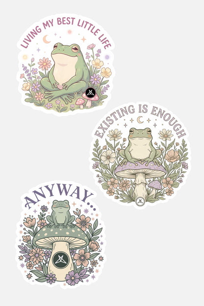 SweetLegs Living My Best Little Life Sticker Pack featuring frogs on mushrooms with floral accents and positive phrases