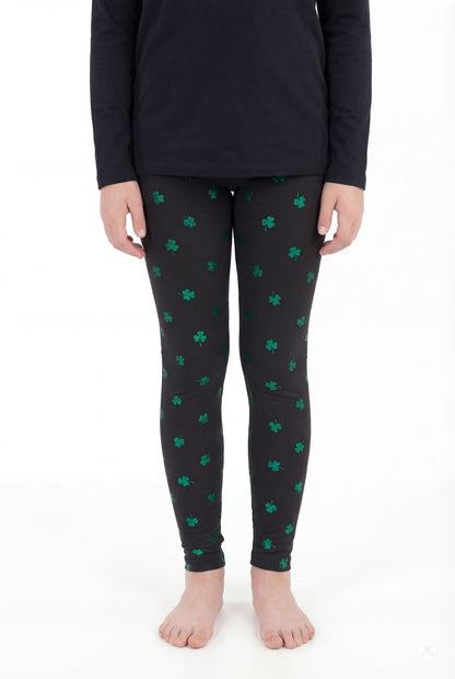 Lucky Glow Kids leggings by SweetLegs with green shamrock foil print on black soft stretchy fabric for kids.