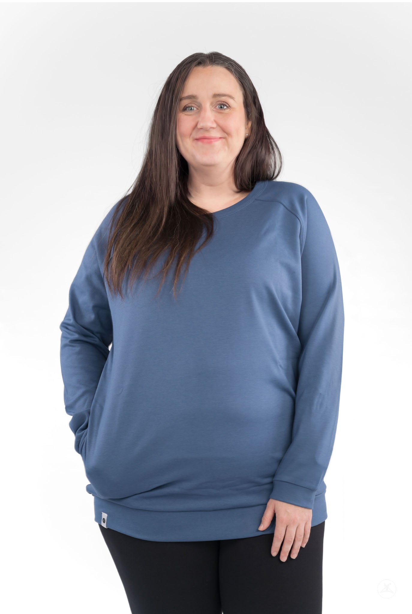 Woman wearing blue Basic Raglan Pullover (Copy) by SweetLegs Canada with relaxed fit and classic raglan sleeves