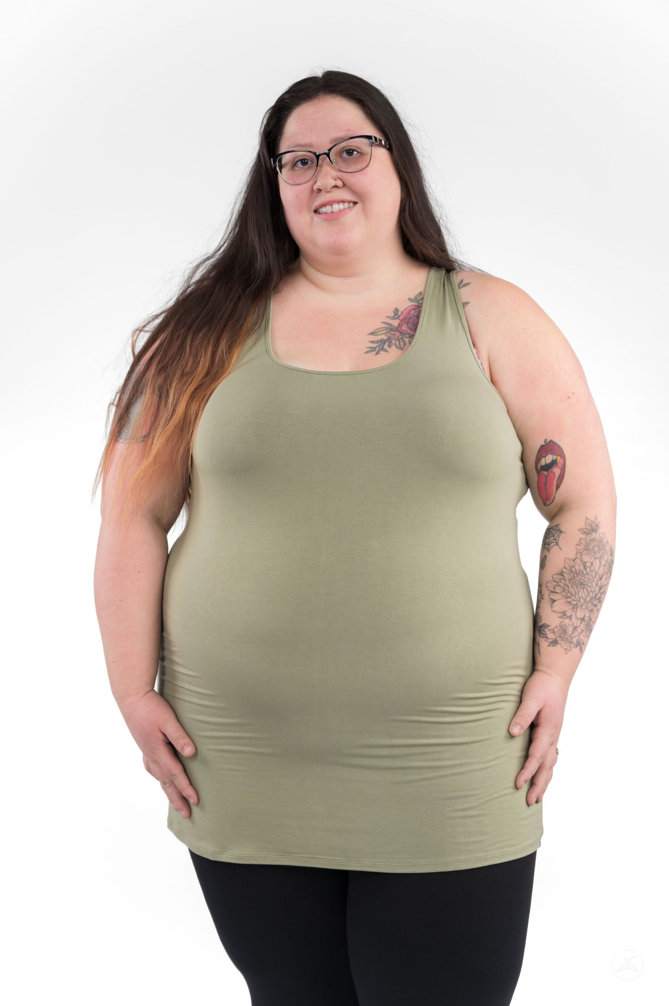 Plus size model wearing olive Classic Layering Tank (Copy) by SweetLegs Canada against white background