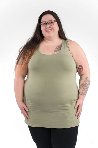 Plus size model wearing olive Classic Layering Tank (Copy) by SweetLegs Canada against white background