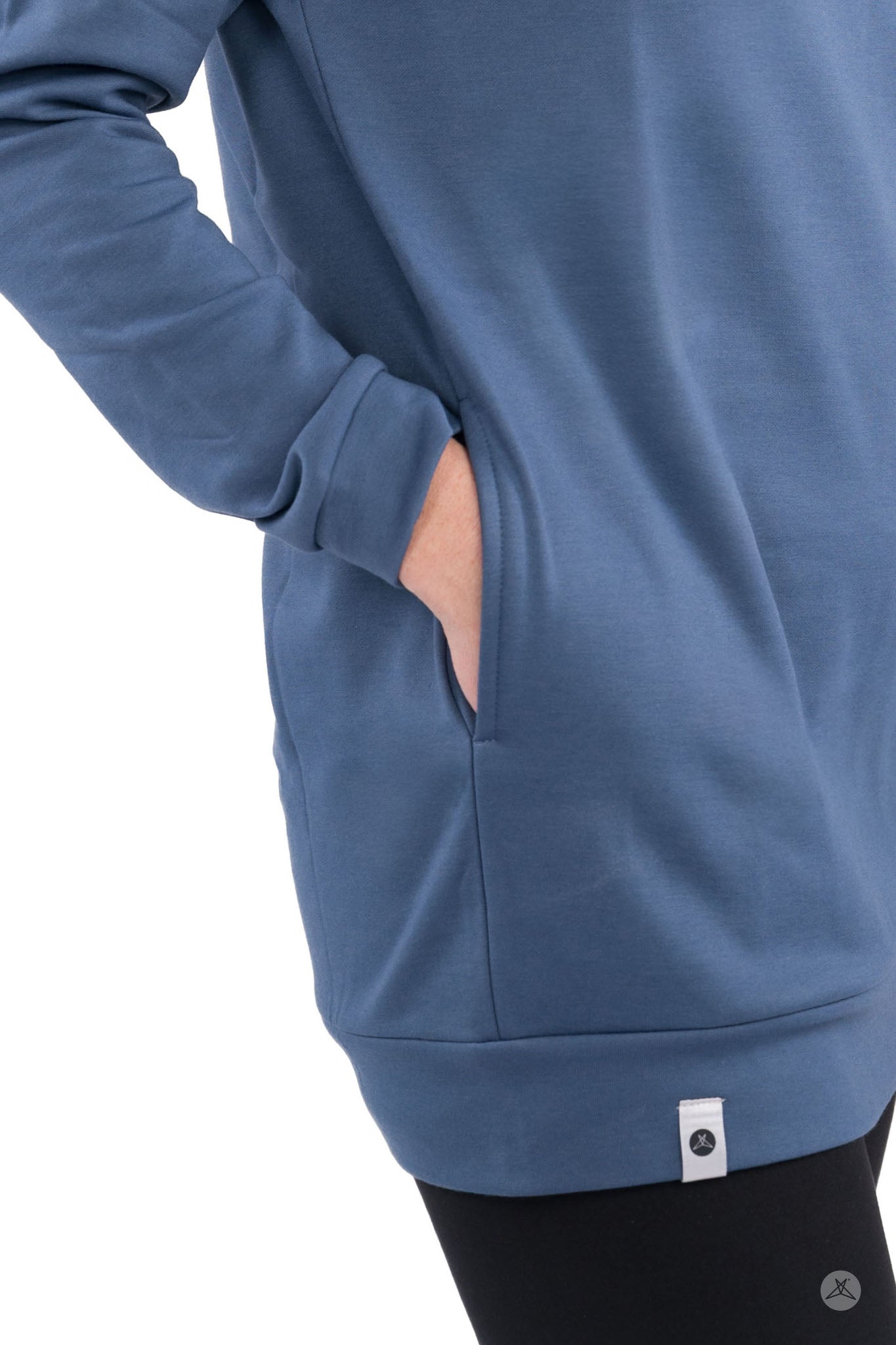 Close-up of SweetLegs Canada Basic Raglan Pullover (Copy) in blue showing pocket and relaxed fit design